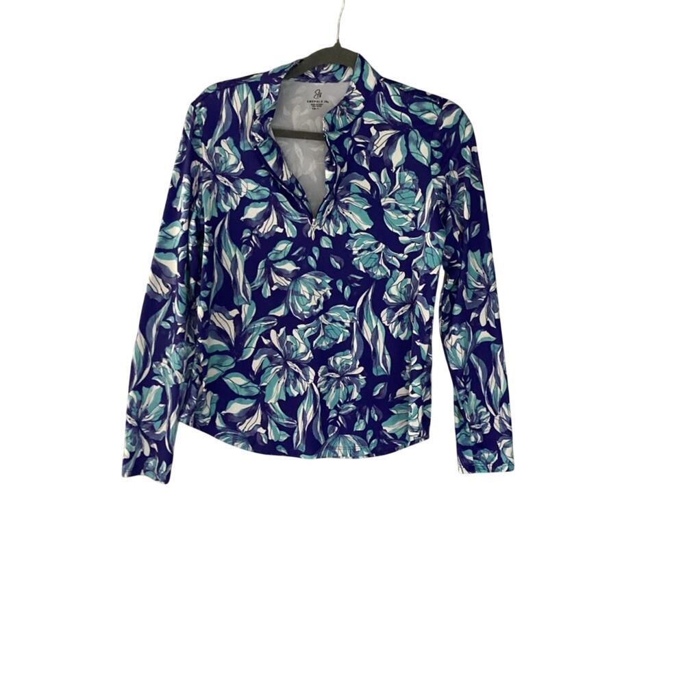 Emerald 18  Navy & Teal Floral Quarter Zip Pullover Long Sleeve Shirt, S, Golf